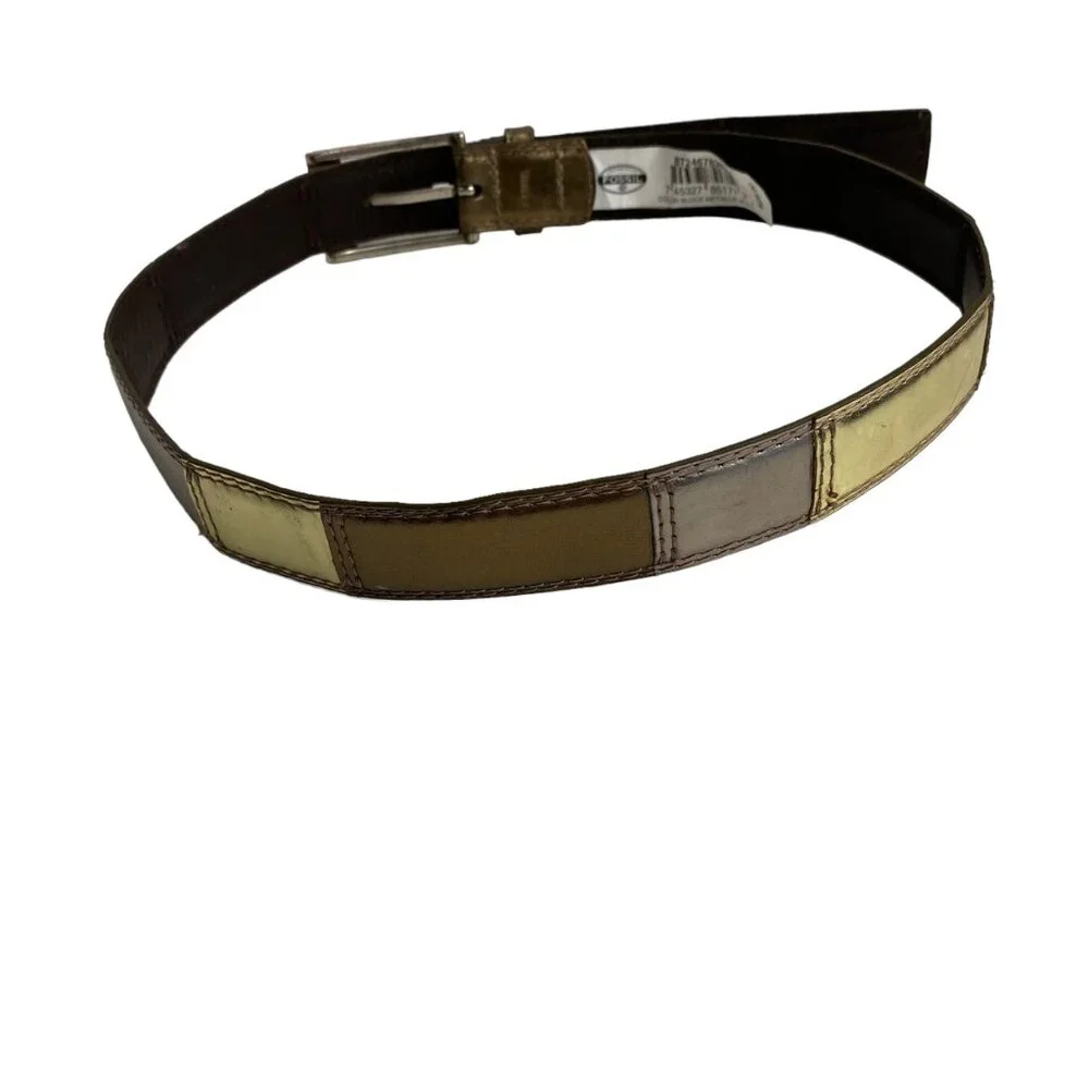 Fossil color‎ block metallic leather belt gold silver bronze metal buckle wms S